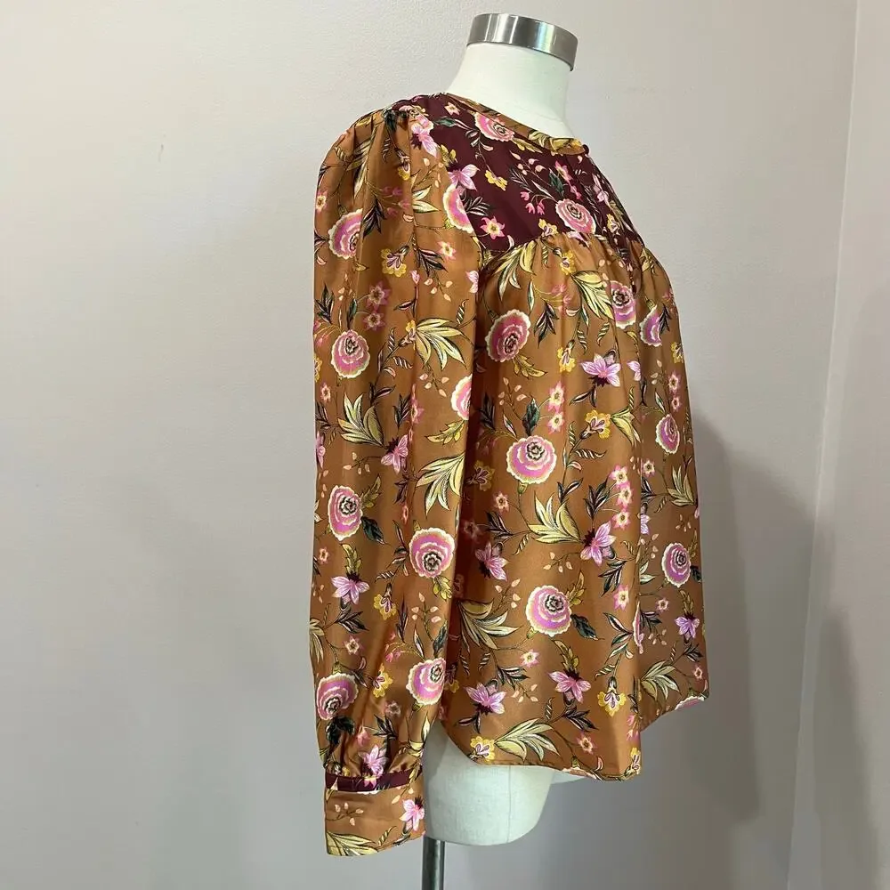 LOFT Fall Floral Blouse Long Sleeve Boho Harvest Print Top Size S - Picture 3 of 11